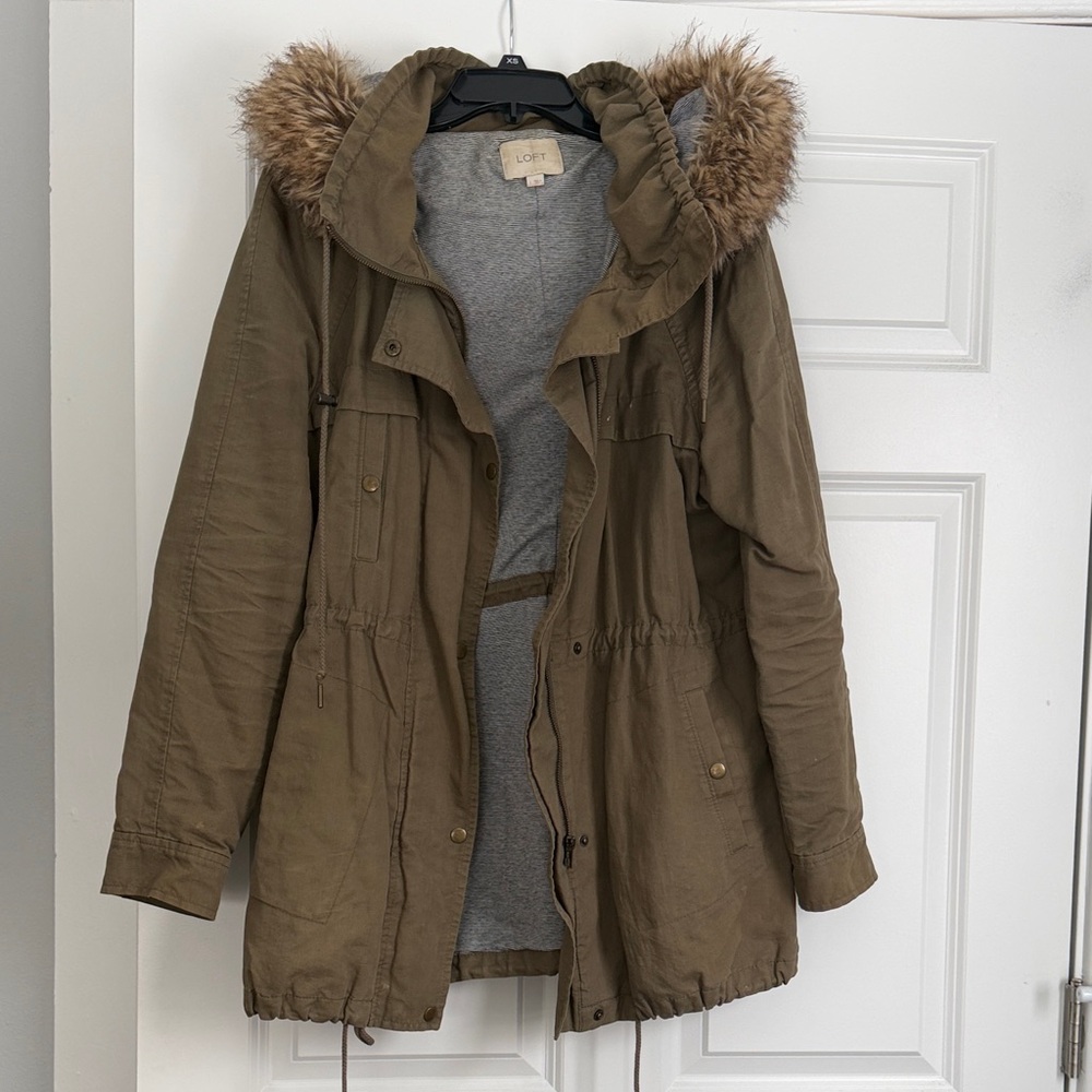 LOFT Utility Jacket with Faux Fur Trim in Brown